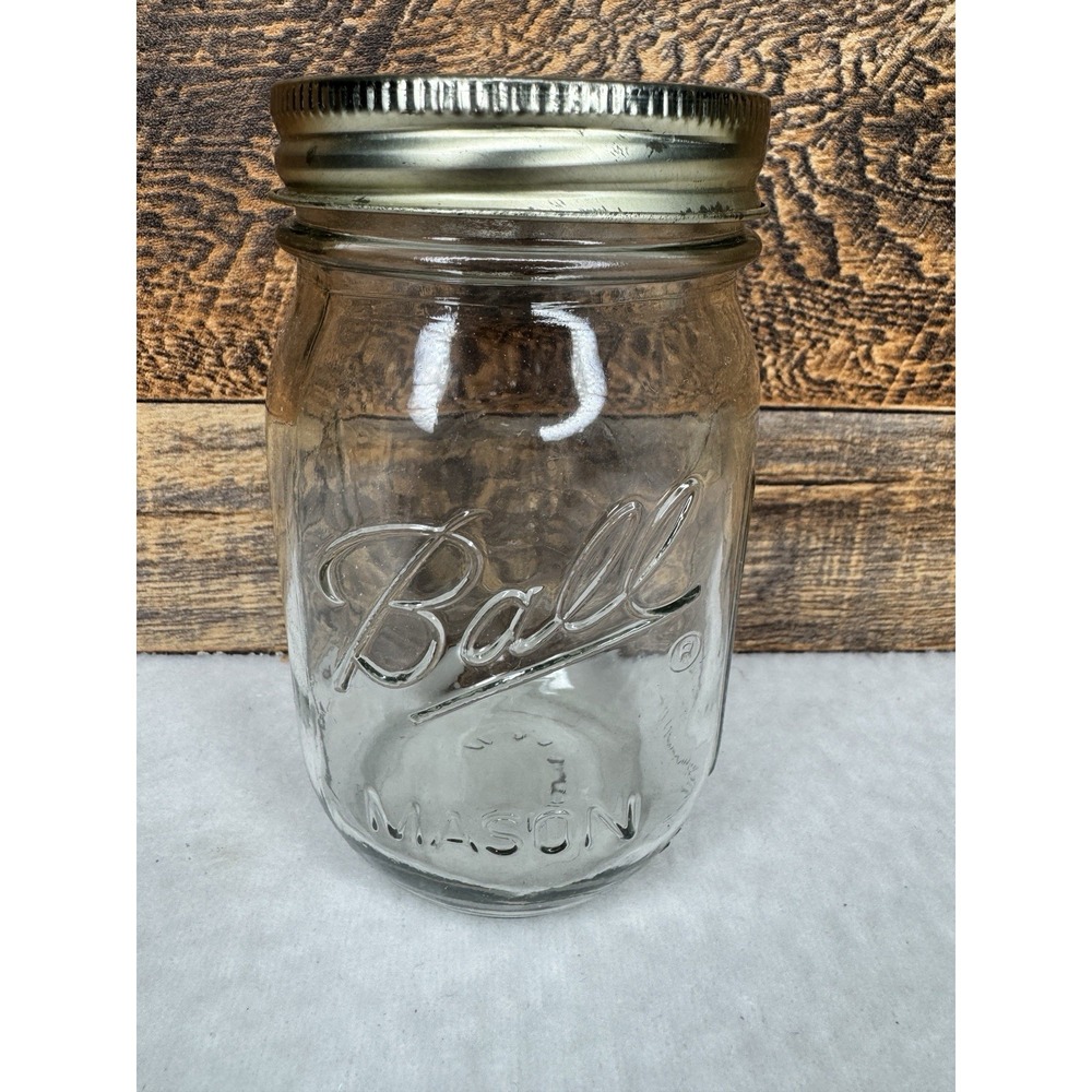 Ball Pint Ribbed Embossed Fruit Mason Regular Mouth Jar Band Lid Canning Vtg